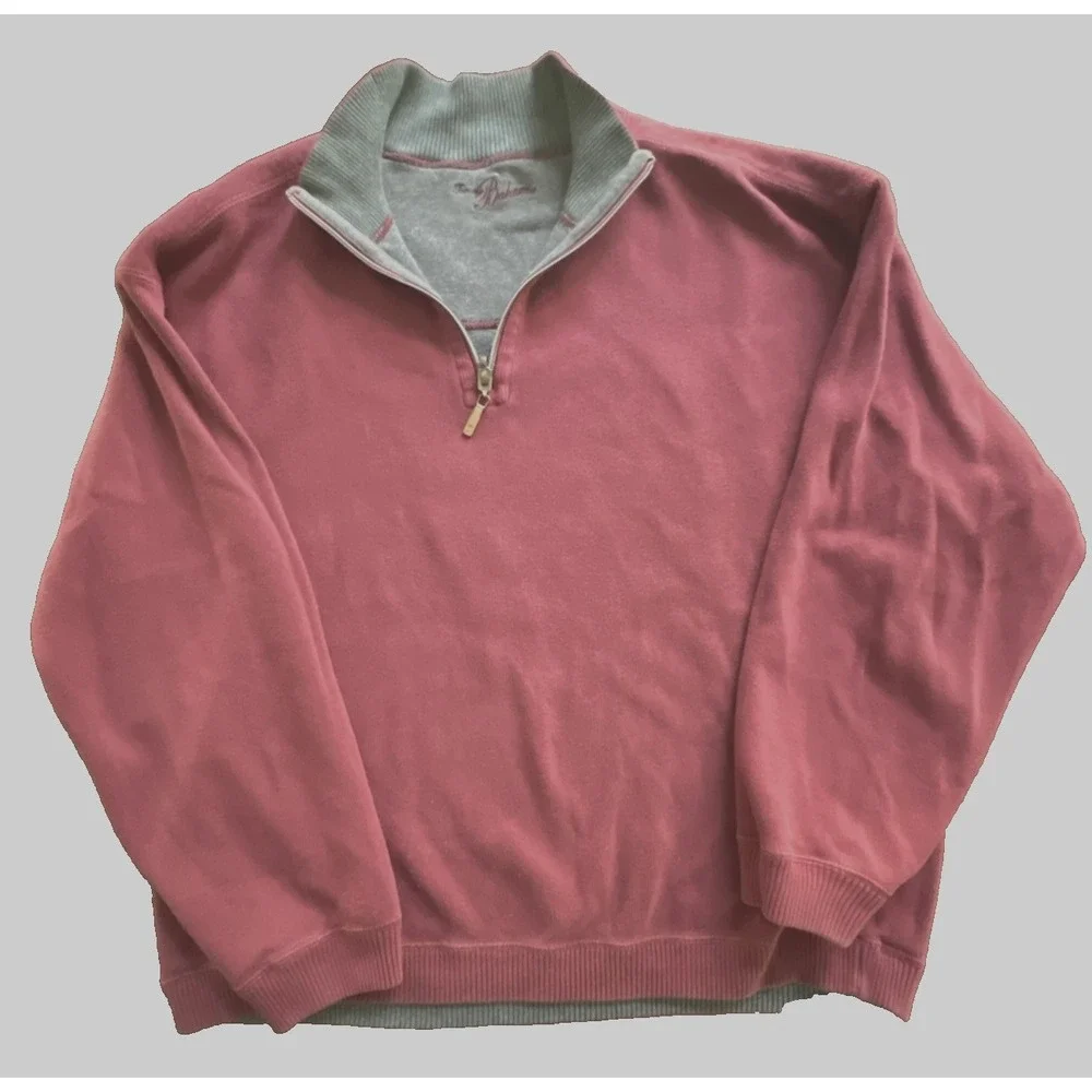 Men's TOMMY BAHAMA Sweater Reversible Size L Cotton 1/4 zip ribbed maroon gray